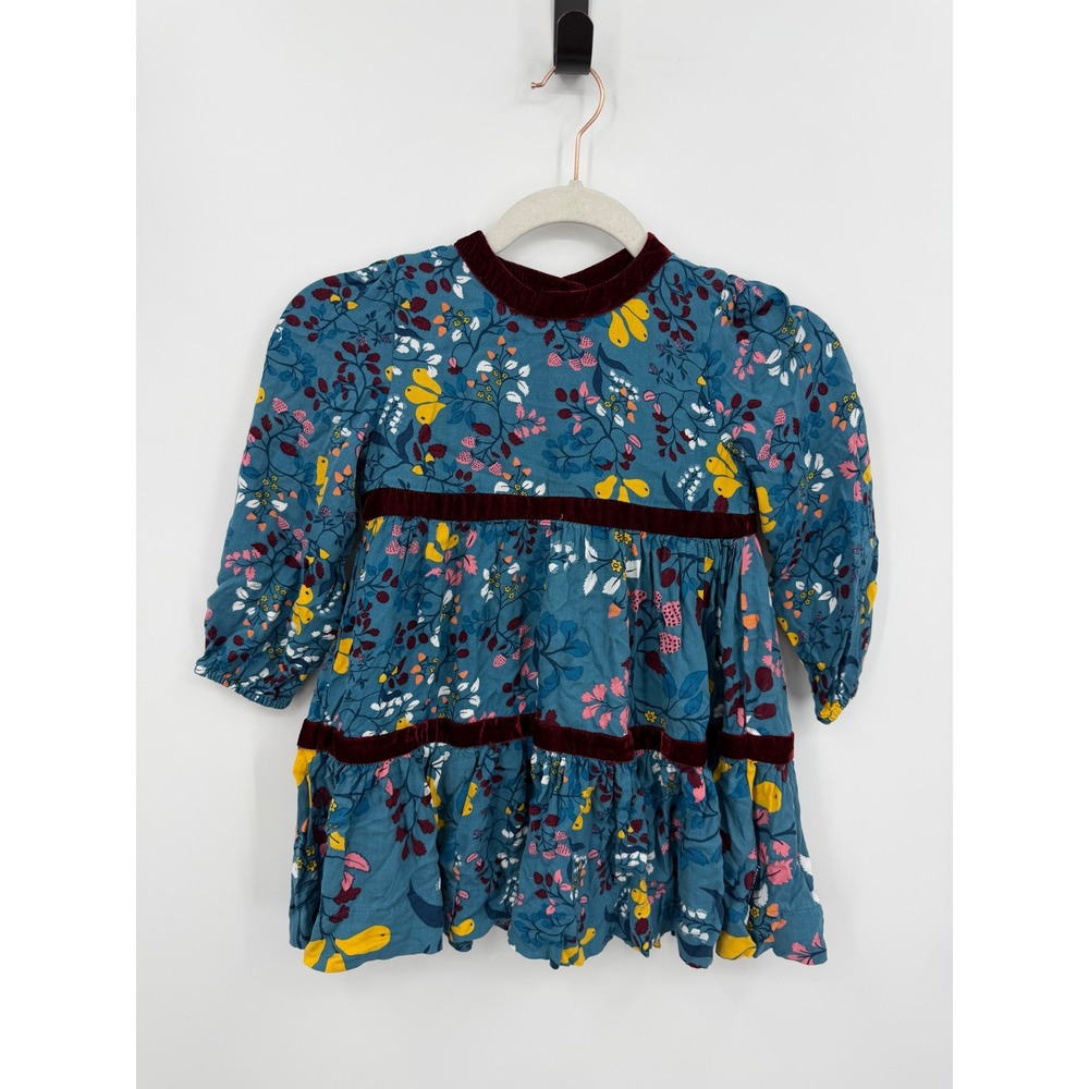 Polarn O. Pyret‎ Floral Velvet Trim Dress Girls 4-5Y Blue Bird Pear Botanical